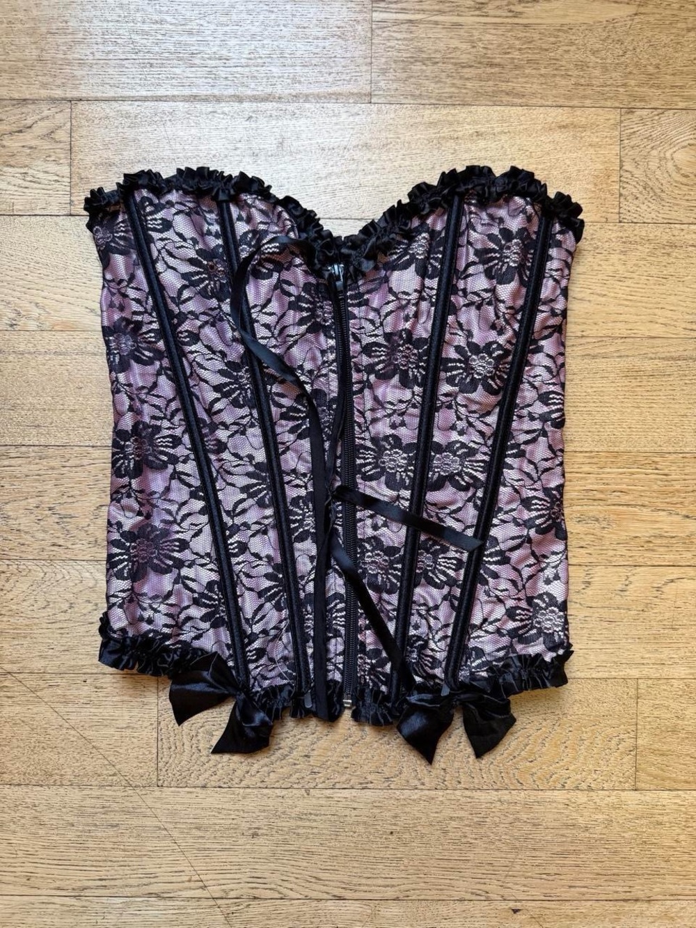 Y2K Shirley’s Of Hollywood Pink & Black Lace Corset Coquette Bustier